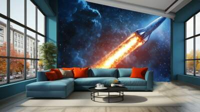 A bright rocket ascends rapidly into the night sky, emitting a powerful plume of orange flames. Stars and cosmic clouds create a stunning backdrop, highlighting the awe of space exploration. Wall mural