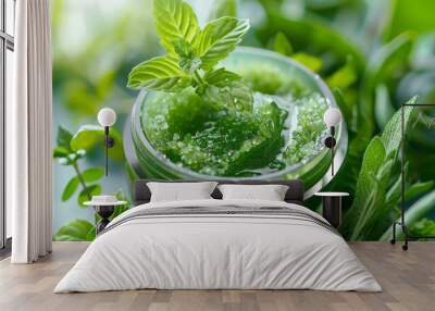 A close-up image of a jar of green sugar scrub with fresh mint leaves on top. Wall mural