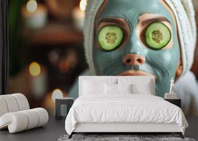 A close-up of a woman with a blue face mask and cucumber slices on her eyes. Wall mural