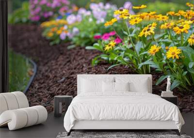 A close-up view of a garden bed with yellow flowers blooming in the foreground, surrounded by brown mulch. Wall mural