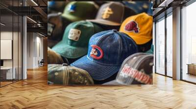 A collection of diverse hats in different colors and styles neatly arranged for sale at a local market. Wall mural