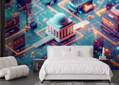 a conceptual representation of a government institution amidst a futuristic cyber city with glowing  Wall mural