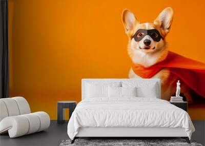 A corgi dog is wearing a red cape and a black mask, standing on an orange background. The dog is looking at the camera with a serious expression, as if ready to take on any challenge. Wall mural