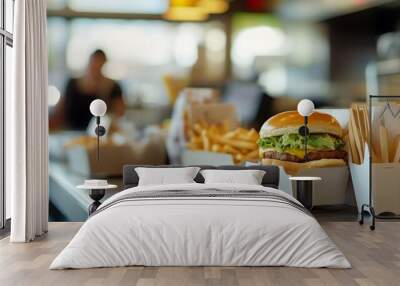 A delicious burger with lettuce and a side of crispy fries sits on a counter at a bustling eatery during the lunch hour. Wall mural