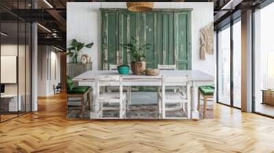 A dining room interior with a white table and chairs, a woven basket light fixture, and green painted wooden doors. Wall mural