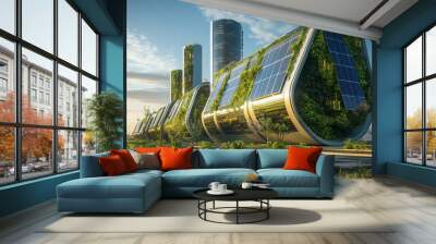 A futuristic building with curved, solar-powered walls and green plants growing on the side. The building is set in a city with tall buildings and greenery in the foreground. Wall mural