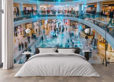 A futuristic shopping mall with digital overlays of lines and patterns, giving a sense of movement. Shoppers walk on lower levels with escalators above. Wall mural