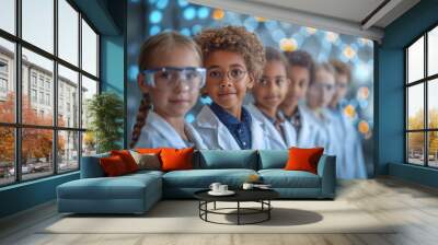 A group of children wearing lab coats and safety glasses stand in a line, looking determined and ready to learn. Wall mural