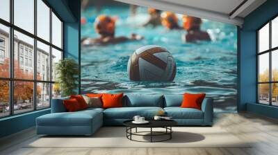 A group of diverse men and women are playing volleyball in a swimming pool on a sunny day. Wall mural