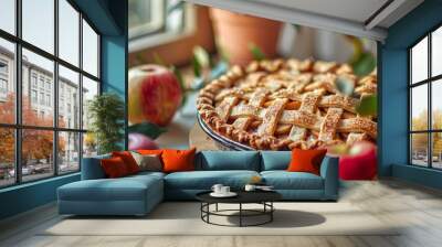 A homemade apple pie displays a golden, lattice crust on a wooden table. Fresh apples surround the pie, complemented by potted plants in a sunlit room. Wall mural