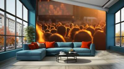 A large crowd of people gathered outdoors, watching a movie on a huge screen. Wall mural