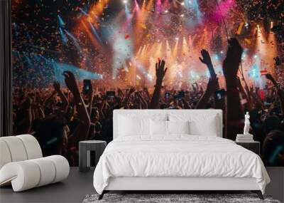 A large group of people gathered at a concert venue, raising their hands and cheering enthusiastically as confetti falls from above. Wall mural