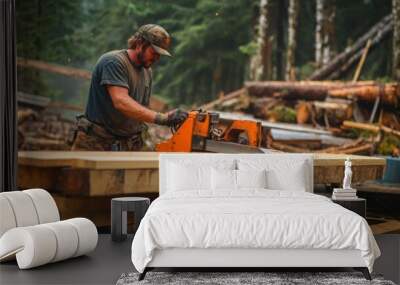 A lumberjack operates a chainsaw on a large piece of timber, surrounded by a dense forest and logging debris. Wall mural