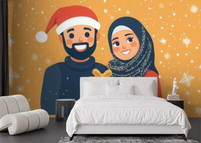 A man wearing a Santa hat and a woman in a hijab joyfully hold a green gift wrapped with a bow against a backdrop of falling snowflakes, capturing the warmth of the holiday spirit together. Wall mural