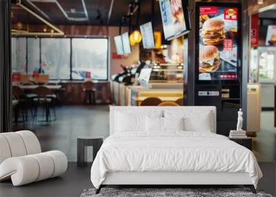 A modern fast food restaurant with a self-service kiosk displaying a menu of burgers, and a dining area with tables and chairs. Wall mural