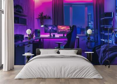 A modern gaming room with purple LED lighting, a large desk, two monitors, a gaming chair, and a comfortable bed. Wall mural