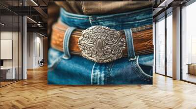 A person stands wearing a decorative belt buckle attached to brown and blue denim jeans, highlighting western fashion at an outdoor gathering. Wall mural