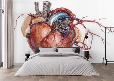 A realistic anatomical illustration of a human heart, with a mechanical engine inside. The engine has pipes and wires attached to it, and there are blood vessels branching out from the heart. Wall mural