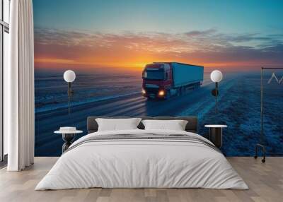 A red truck travels along a snowy road during sunset, with the sky filled with warm colors contrasting the cold winter environment. The scene captures a serene moment in nature. Wall mural