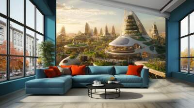 A rendering of a futuristic city in a desert environment. The city is made up of several tall buildings with unique, organic shapes Wall mural