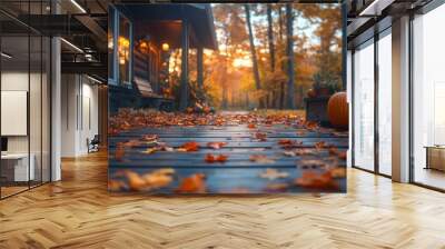 A rustic cabin nestled in the woods showcases a pathway adorned with vibrant autumn leaves and pumpkins. The warm glow of sunset enhances the serene atmosphere. Wall mural