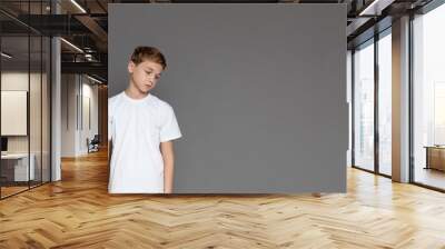 A sad teenage boy gazing downwards, expressing despondency He stands isolated with a grey background, copy space Wall mural