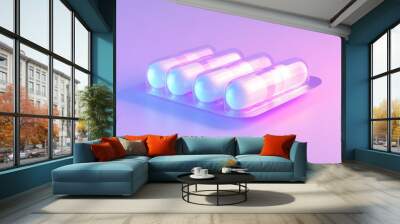 A set of four translucent capsules are neatly arranged in a blister pack, set against a vibrant pastel background that enhances their luminous appearance, creating a visually appealing composition. Wall mural