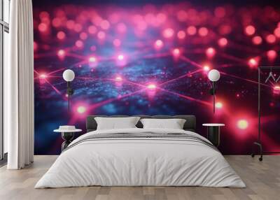 A vibrant display of interconnected nodes illuminated by glowing lines creates a visually stunning representation of digital networks and connectivity. Wall mural