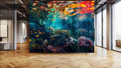 A vibrant underwater scene with colorful coral and fish swimming in a reef, with a digital code overlay. Wall mural