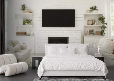 A white living room with two white couches, a white fireplace, and a television mounted above it. The fireplace is decorated with candles and a plant on the mantle Wall mural