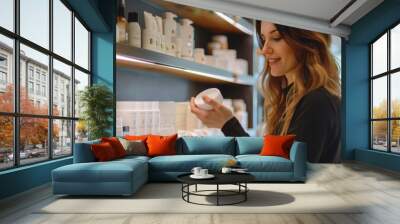 A woman is shopping for skincare products in a store. She is holding a white jar of cream in her hand, looking at it and smiling. Wall mural