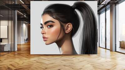 A woman with a sleek ponytail gazes to the side, showcasing detailed facial features and smooth skin. Wall mural