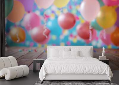 A wooden floor with colorful balloons and confetti scattered in the background, creating a festive atmosphere. Wall mural