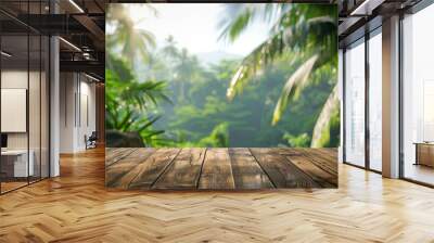 A wooden plank table sits in front of a lush, green tropical forest background. Sunlight streams through the foliage, creating a bright and inviting atmosphere. Wall mural