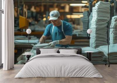 A worker is focused on folding clean laundry in a textile factory, surrounded by stacks of neatly organized fabric during evening hours. Wall mural