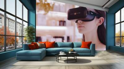 A young woman wearing a virtual reality headset explores immersive beauty technology in a chic store. Wall mural