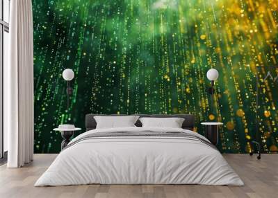 Abstract green and gold particles fall like rain. Wall mural