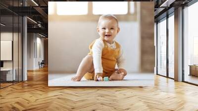 Adorable blonde infant baby playing with kids toys at home Wall mural