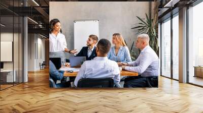 African American Businesswoman Giving Speech In Modern Office, Panorama Wall mural