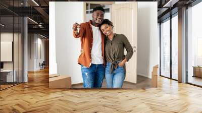 African American Millennial Couple Showing Key Posing In New House Wall mural