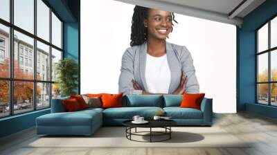 Afro Business Lady Posing Crossing Hands Looking Aside Isolated Over White Studio Background. Free Space Wall mural