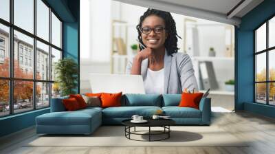 Afro Business Lady Smiling At Camera Sitting At Laptop Wall mural