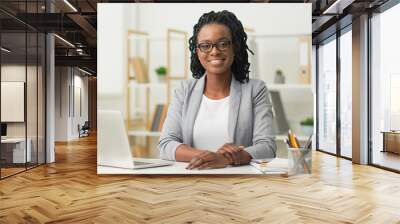 Afro Business Lady Smiling At Camera Sitting At Workplace Wall mural