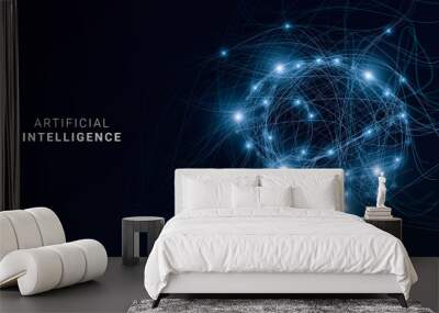 AI. Digital brain shaped with blue neural connection lines and glowing dots Wall mural