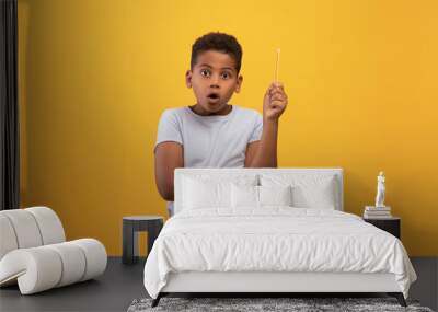 Amazed black boy schooler raising pencil up Wall mural