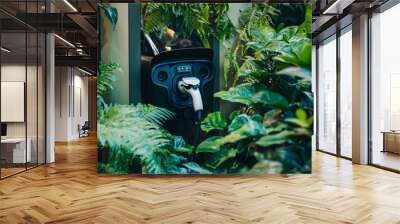 An electric vehicle charging station surrounded by lush green plants highlights the harmony between modern tech and nature, emphasizing sustainability and eco-friendliness in the urban setting. Wall mural