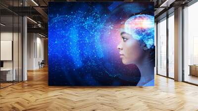 Artificial Intelligence Concept. Profile Portrait Of Black Woman With Illuminated Digital Brain Wall mural