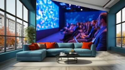 Attendees attentively watch a large projection during a presentation at a technology conference. Wall mural