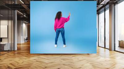 Back view of millennial African American lady touching imaginary screen, pressing button, using virtual interface Wall mural