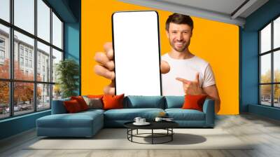 Bearded guy showing white empty smartphone screen, closeup Wall mural